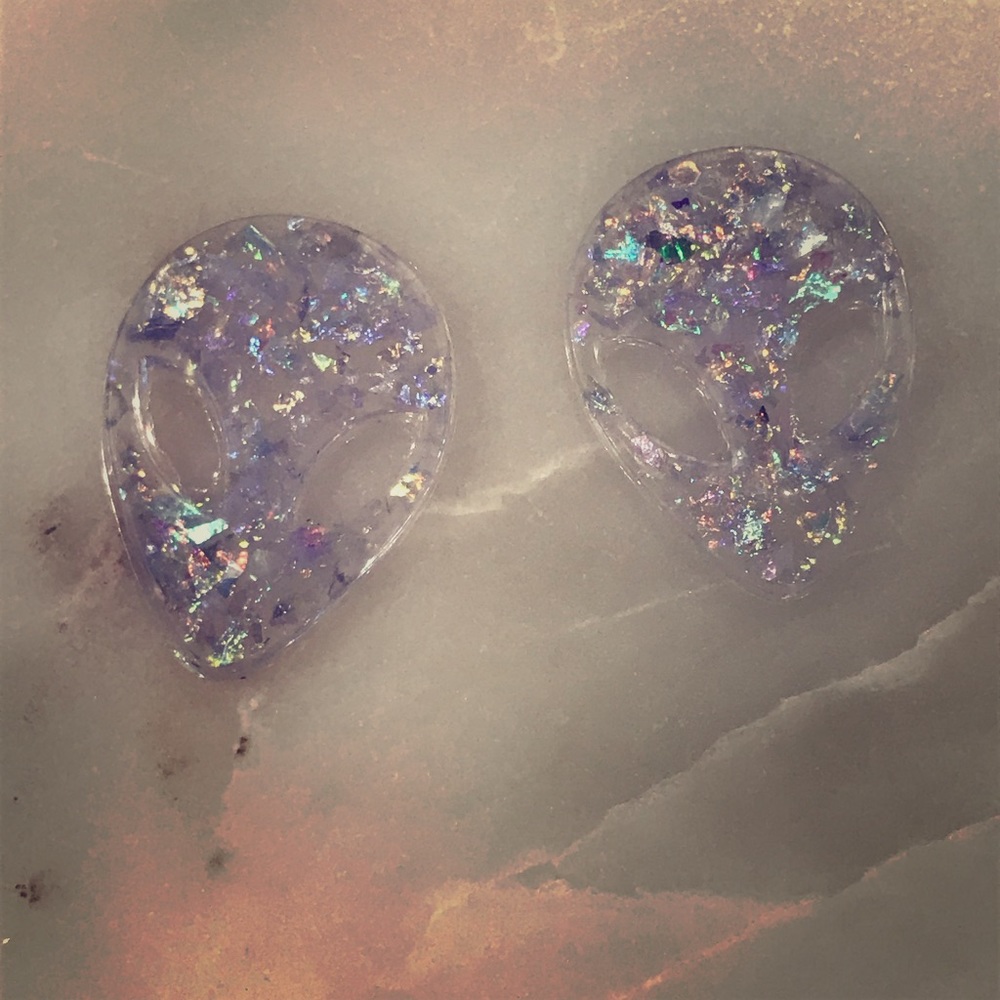 Purple iridescent flake Area 51 Alien earrings